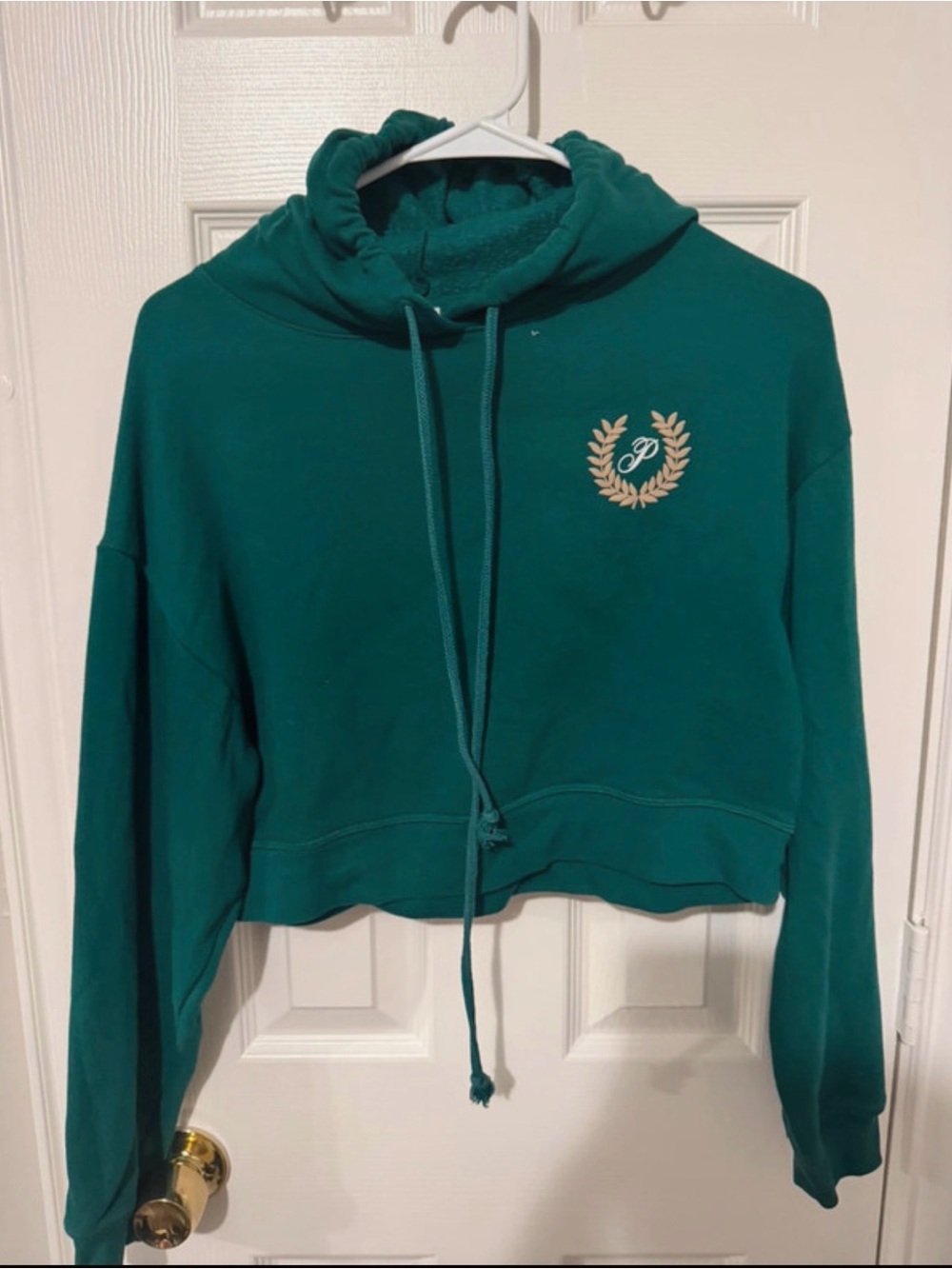 Victoria's Secret Teal Cropped Hoodie with Laurel Crest